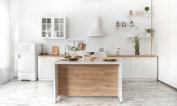 Moderno Elegante Interior Cocina Escandinava Con Accesorios Cocina Cocina Blanca — Foto de Stock