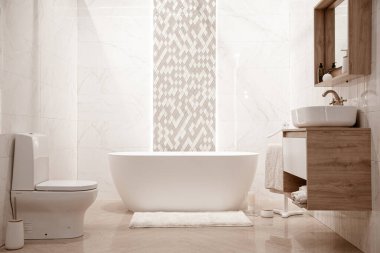 Dekoratif elementlerle dolu modern banyo. Metin için boşluk.