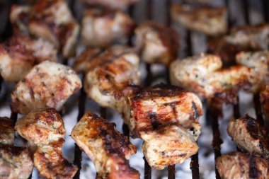 Doğada ev yapımı barbekü. Izgarada et kızartıyoruz. Kapat..