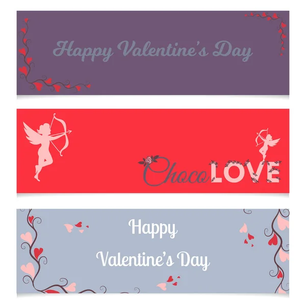 Happy valentines day cards with ornaments, hearts, ribbon, angel and arrow vector. — Stock Vector