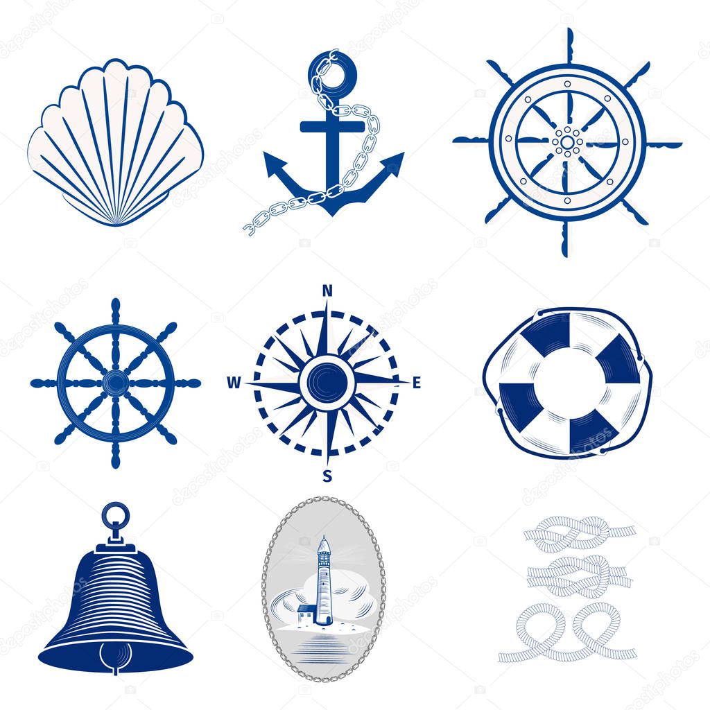 Nautical logos templates set marine labels sea badges maritime anchor design emblems graphics vector illustration. Ship silhouettes traditional navigation adventure style.