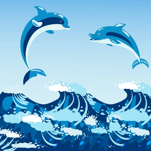 Lindos delfines acuáticos naturaleza marina océano azul mamífero agua de mar fauna animal vector ilustración . — Vector de stock