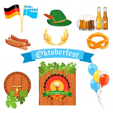 İzole üzerinde beyaz vektör Oktoberfest için düz tasarım simgeler kümesi.