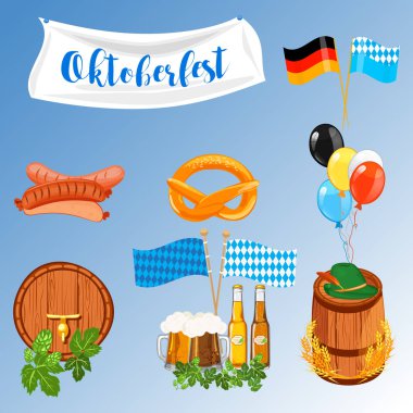 İzole üzerinde beyaz vektör Oktoberfest için düz tasarım simgeler kümesi.