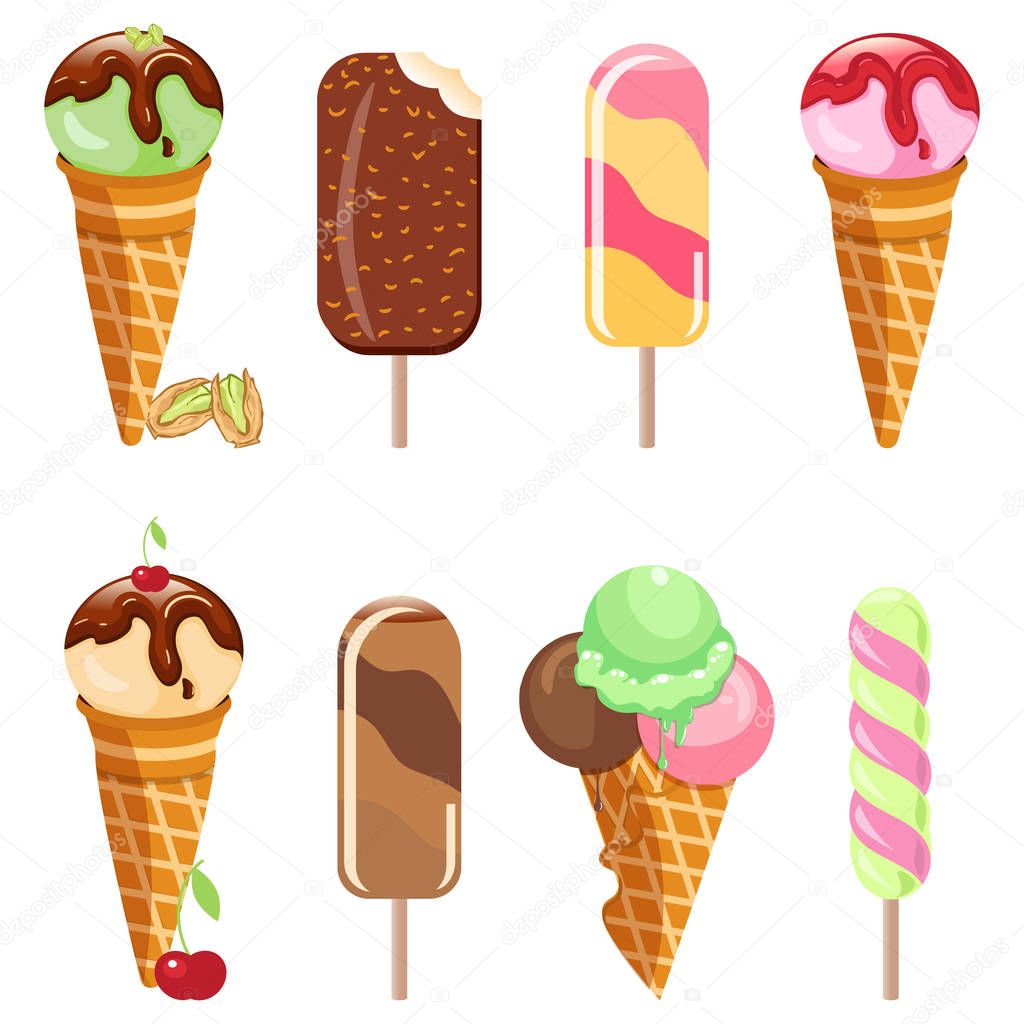 Collection of ice cream sweet dessert cold food vector illustrations isolated on white.