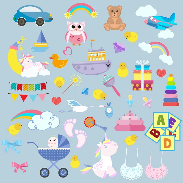 Leksak tecknad barn baby. Barn spel barnens fötter spela barndom bära färgglada vector illustration set kid. — Stock vektor