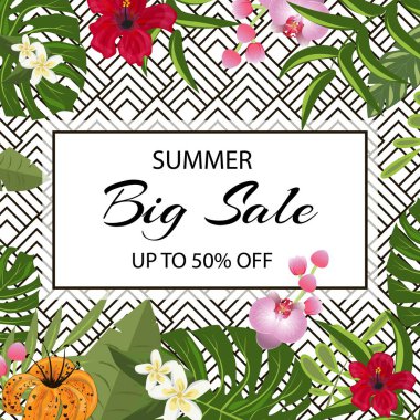 Vektör Büyük Satış afişi, yeşil geometrik palmiye yapraklı poster, orman.