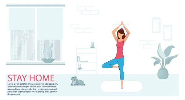Utbrott av virus COVID-19. Sport Motion hemma. Fitness workout yoga motion kvinna — Stock vektor