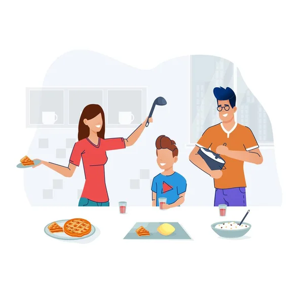 Family cooking in kitchen. Parents teaching kid at home — Stock Vector