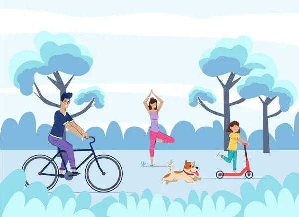 Dad rides a bicycle, daughter on a scooter, mom practices yoga, dog runs. Summer vacation. — Stock Vector