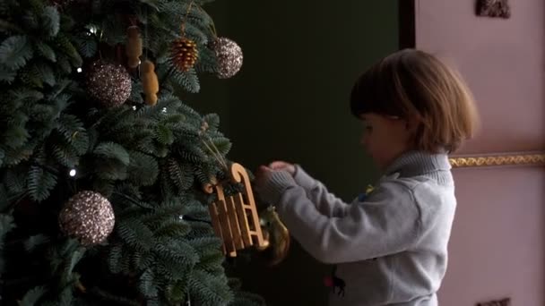 La familia decora el árbol de Navidad — Vídeos de Stock