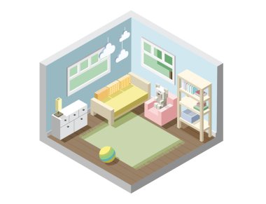 Vektör izometrik çocuk odası, çocuk odası, çocuk odası mobilya, iç dekorasyon ayarla 