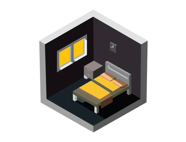 Illustrazione isometrica vettoriale dell'interno della camera da letto, letto, tavolo, finestra, orologio — Vettoriale Stock