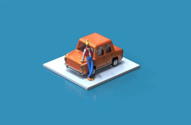 adam telefonu karikatür Derma 3d render ile izometrik araba