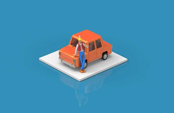 Isometric car with man phone cartoon colorfull 3d rendering — Stock Photo, Image