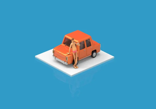 Isometrische auto met man telefoon cartoon kleurrijke 3D-rendering — Stockfoto