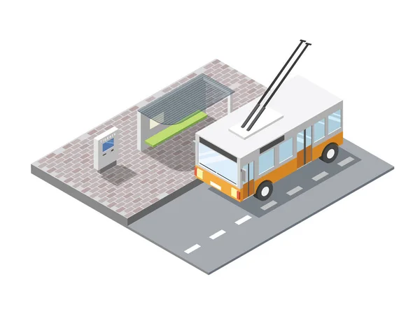 Vector isometric bus station with ticket sell terminal, trolleybus — Stock Vector