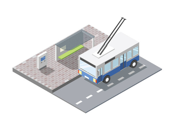 Vector isometric bus station with ticket sell terminal, trolleybus 