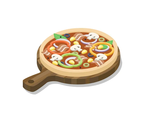 Vector isometric pizza with ham, mushrooms, paprika, olive, corn, onion. — Stock Vector
