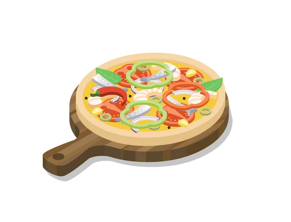 Vector isometric pizza with fish, shrimp, onion, paprika — Stock Vector