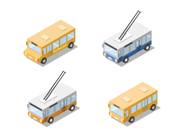 Conjunto isométrico vectorial de transporte público de ciudad, autobús, trolebús — Vector de stock