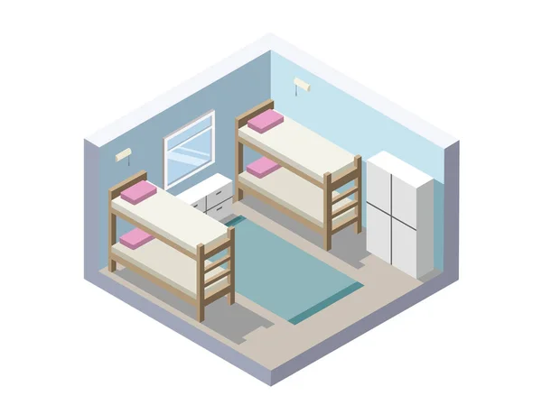 Vector Isometric illustration of hostel room. cheap hotel icon — Stock Vector