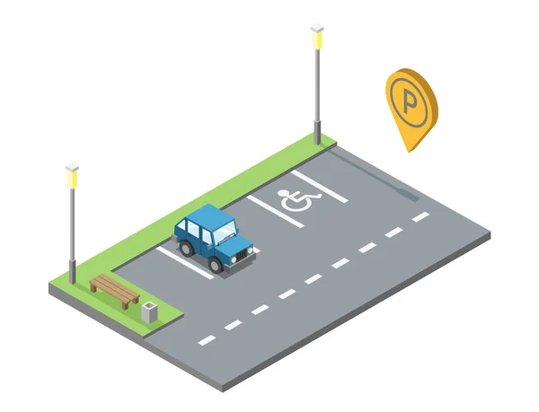 Lugar de estacionamento vetorial com banco e lixeira, pino de estacionamento geotag — Vetor de Stock