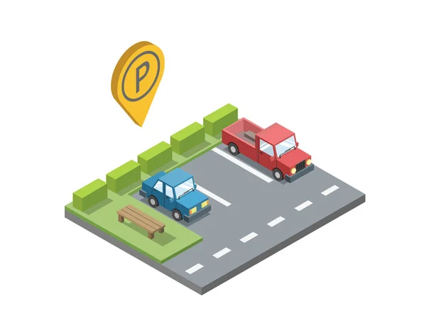 Vector parkeerplaats met Bank en Prullenbak, parking pin geotag — Stockvector