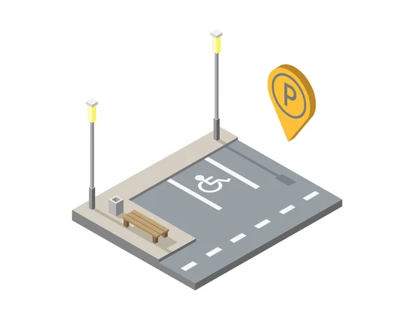 Vector isométrica plaza de aparcamiento con banco, pin de estacionamiento geotag — Vector de stock