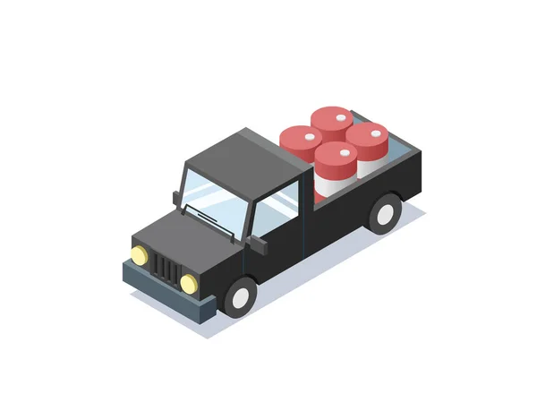 Vector izometryczny czarny wagon samochód z niebieski beczek, minivan, ciężarówki ładunku. — Wektor stockowy