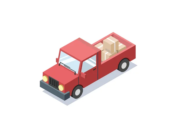 Vector isometric red wagon car with boxes, minivan, trucks for cargo. — Stock Vector