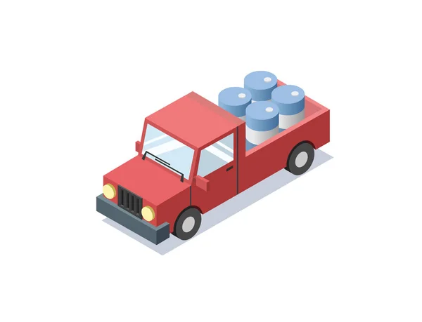 Vector izometryczny czerwony wagon samochód z niebieski beczek, minivan. — Wektor stockowy