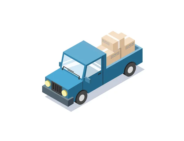 Wektor izometryczny niebieski wagon samochód z pola, minivan, ciężarówki ładunku. — Wektor stockowy