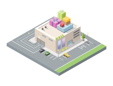 Çatıda hediye kutuları ile alışveriş merkezi vektör izometrik çizim.