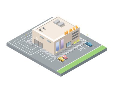 Vektör izometrik düşük Poli Alışveriş Merkezi, alışveriş merkezi ile yeraltı otoparkı.