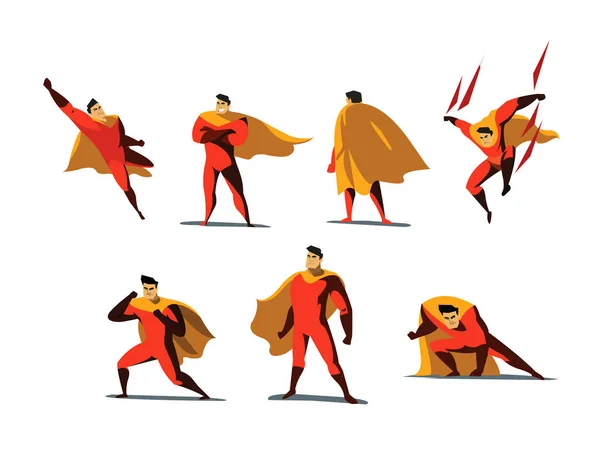 Conjunto de ilustración vectorial de acciones de superhéroes, diferentes poses . — Vector de stock