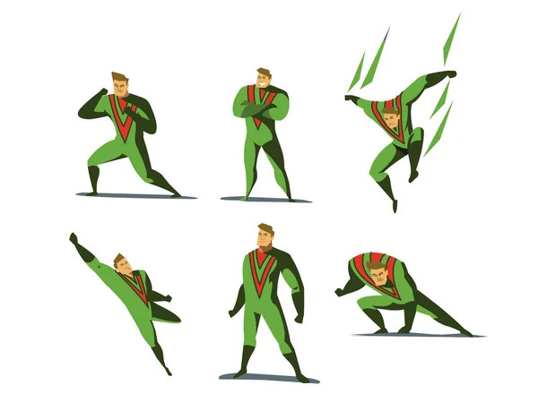 Conjunto de ilustración vectorial de acciones de superhéroes, diferentes poses . — Vector de stock