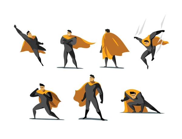 Vector illustration set of Superhero actions, different poses. — Stock Vector