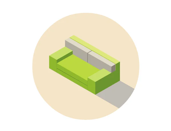 Sofá sofá sofá isométrico verde vectorial, elemento de diseño interior plano 3d . — Vector de stock