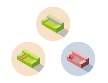 İzometrik yeşil ve pembe kanepe koltuk kanepe, 3d düz iç tasarım öğesi vektör