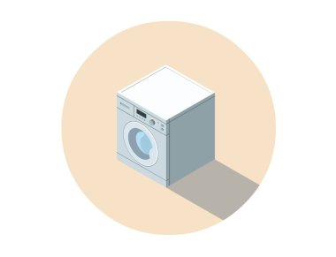 Çamaşır makinesi, yıkama giyim donanımları, vektör izometrik çizim.