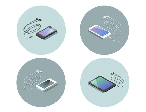 Ensemble isométrique vectoriel d'appareils électroniques, smartphone avec écouteurs . — Image vectorielle