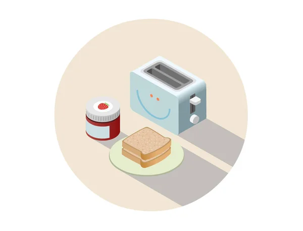 Vektorisometrische Darstellung von Toaster und Frühstück mit Toasts und Marmelade. — Stockvektor