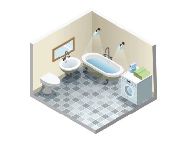 Vektör izometrik banyo, Retro vintage banyo mobilya simgelerin ayarlamak