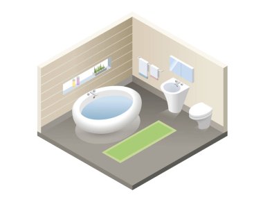 Vektör izometrik banyo, modern banyo mobilya simgelerin ayarlamak