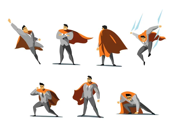 Conjunto de ilustración vectorial de acciones de superhéroes de hombre de negocios, diferentes poses — Vector de stock