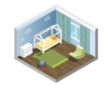 Vektör izometrik çocuk odası, çocuk odası, Bebek odası çocuk odası mobilyaları ayarla