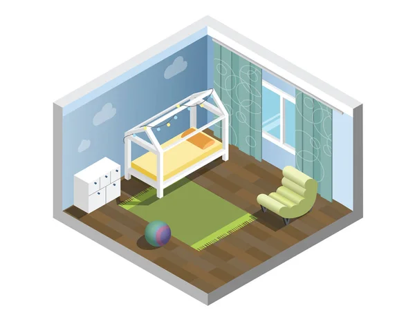 Pépinière isométrique vectorielle, chambre d'enfant, ensemble de meubles de chambre d'enfant de chambre d'enfant — Image vectorielle
