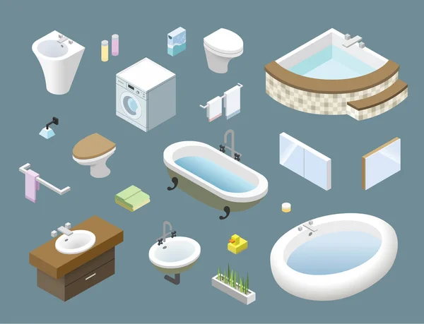 矢量等距浴室家具 3D平面室内设计家用图标 — 图库矢量图片