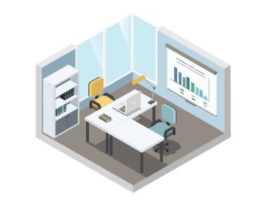 Office çalışma yer, 3d düz iç tasarım vektör izometrik çizim